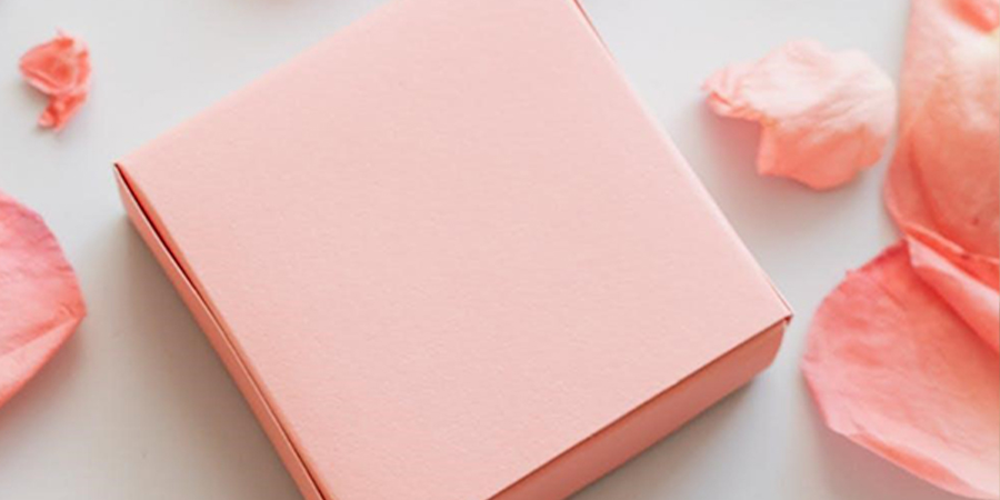 une boîte d'emballage de vêtements rose blush affichée contre des pétales rose blush