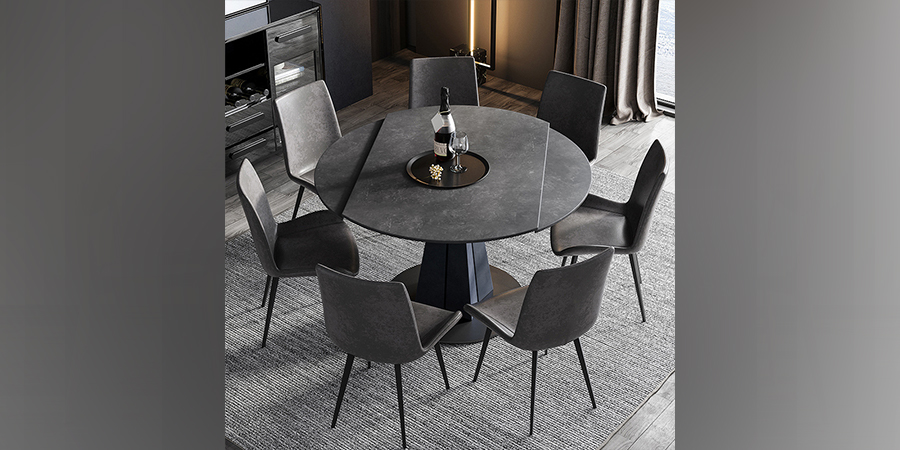 mesa de comedor extensible redonda negra con siete sillas negras