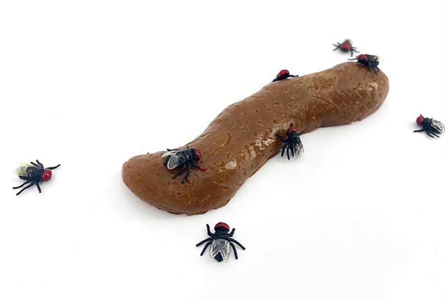 Faux insectes entourant un faux caca marron en plastique