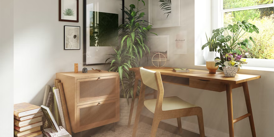 Meja kayu di kantor rumahan yang tampak sederhana