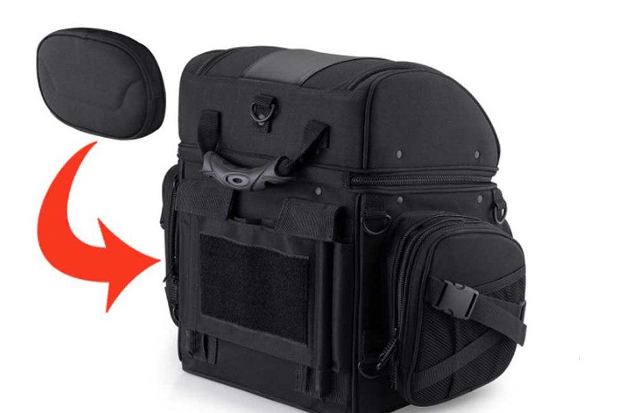 Black motorcycle bag with an adjustable backrest