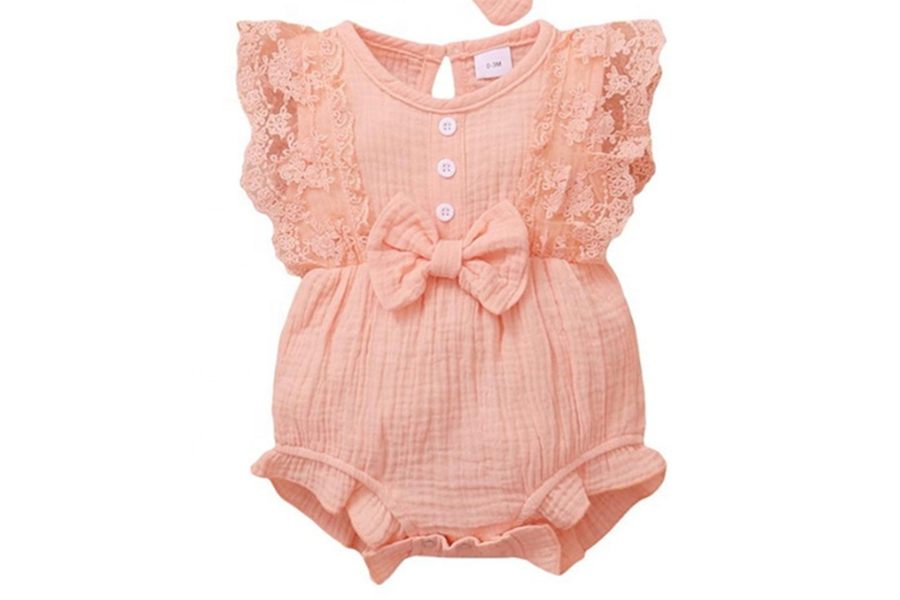 Peach jumpsuit in peach neckline lace edging