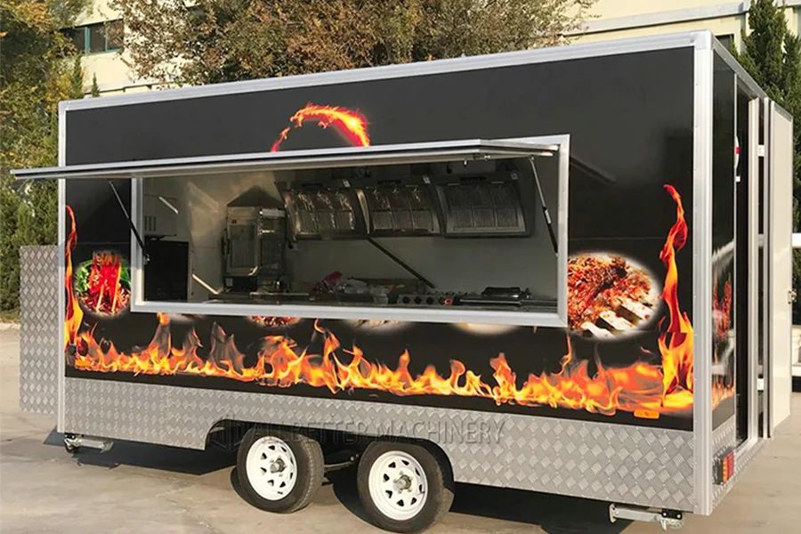 A food truck with the side window opened