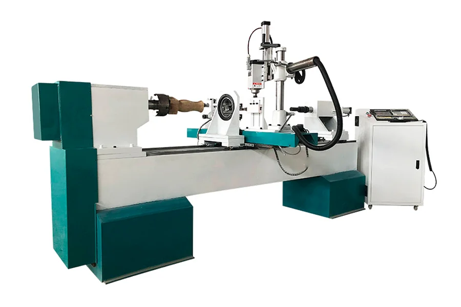 White and green full-size wood lathe machine