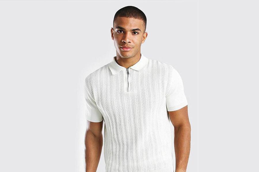 Man rocking a knitted white polo shirt