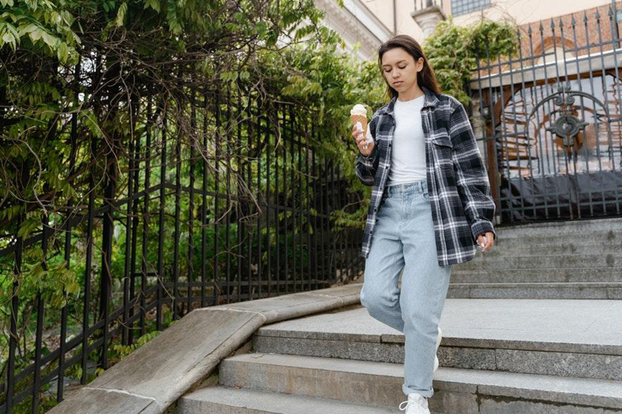 Lady rocking over-sized black and white stripes flannel shirt