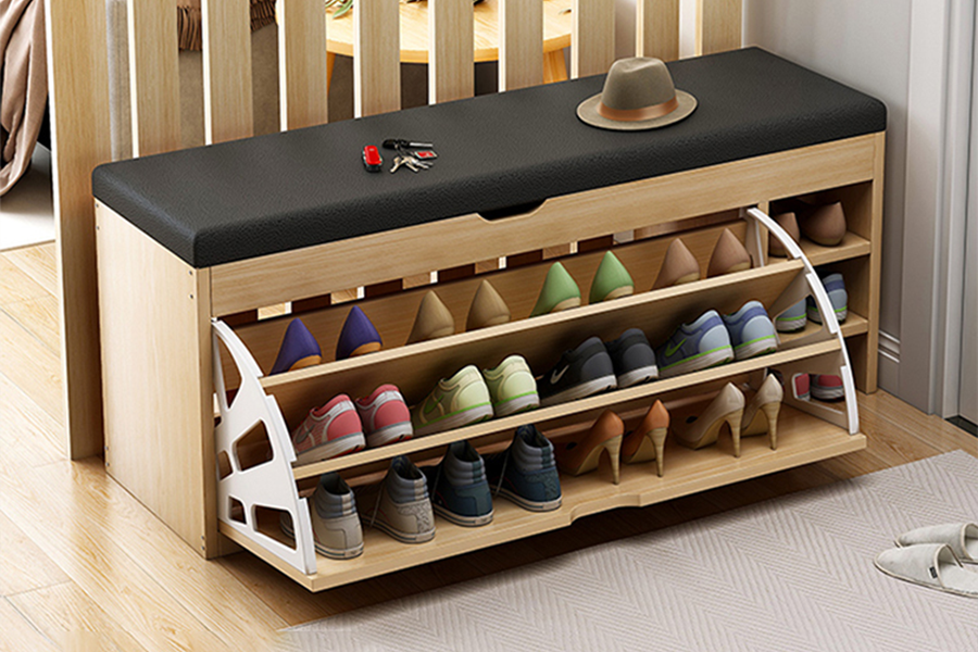 Rotating shoe rack wooden bench