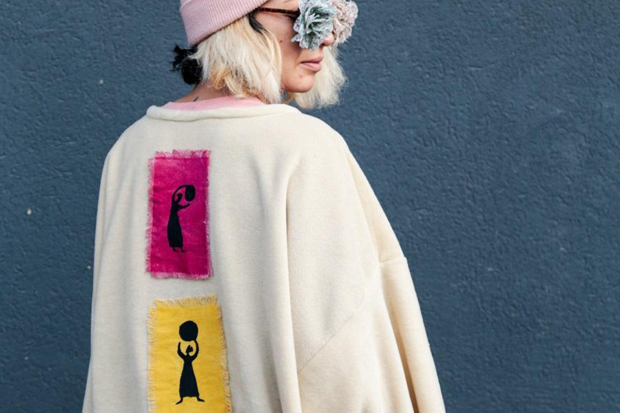 Lady wearing a digital printed oversized cardigan