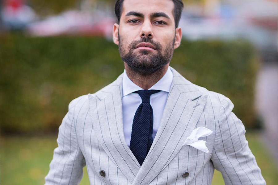 Man rocking a white and blue stripes DB blazer