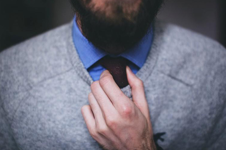 Man wearing gray brushed knit sweater