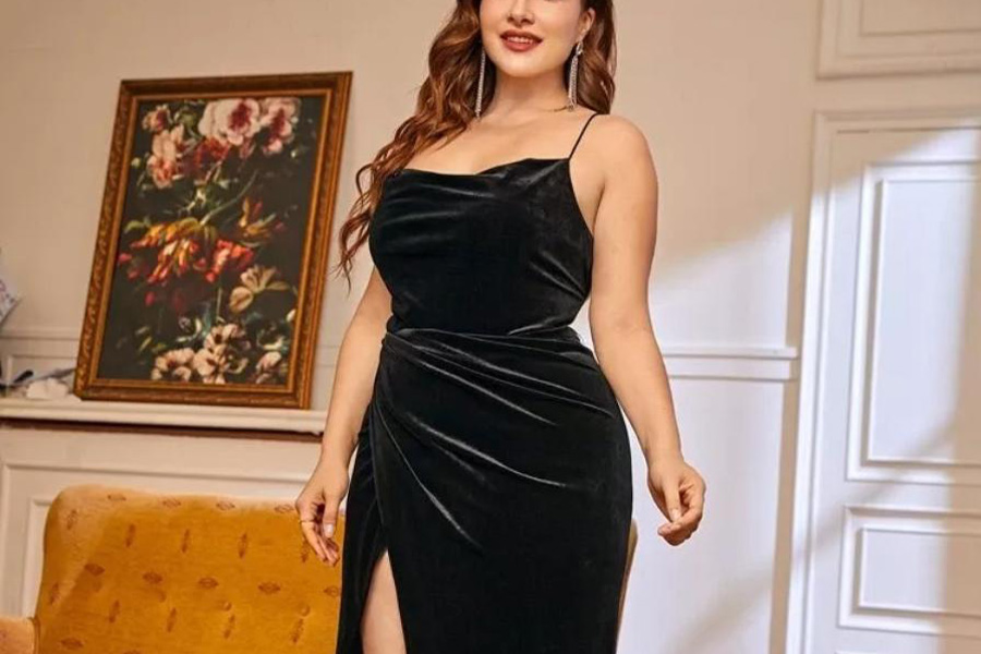 Woman in a black velvet dress