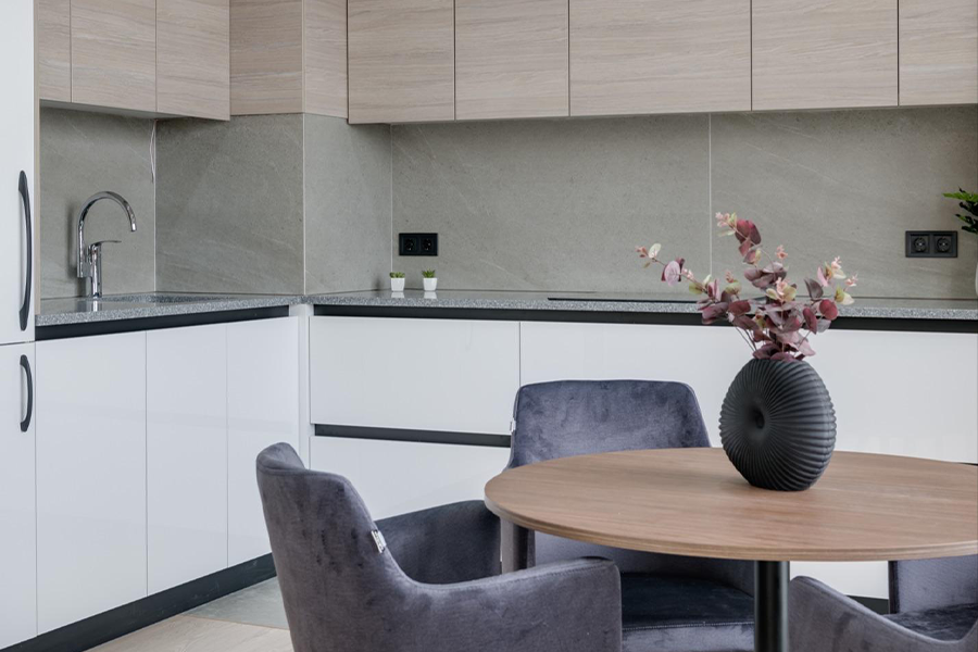 An example of a modernist style kitchen with handles