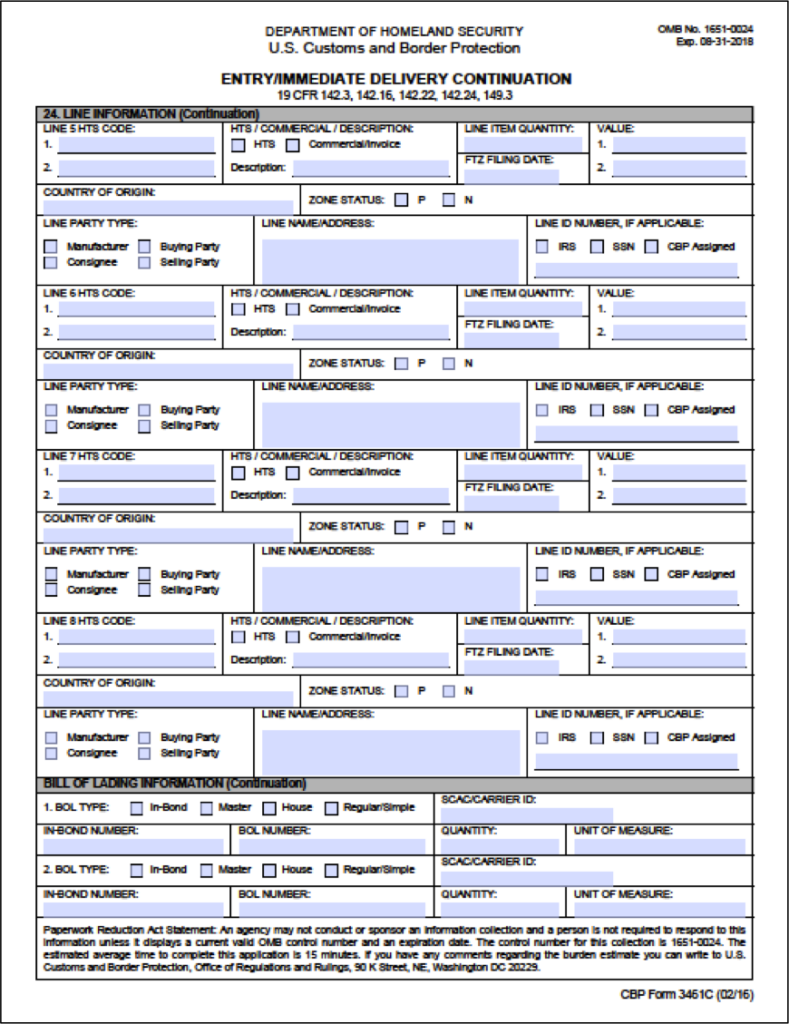 example of US CBP form 3461