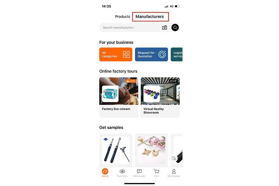 Mobile screenshot of Alibaba.com’s Manufacturers tab