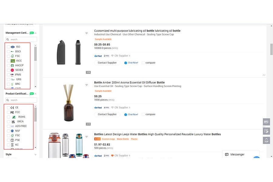 Screenshot of product search results on Alibaba.com