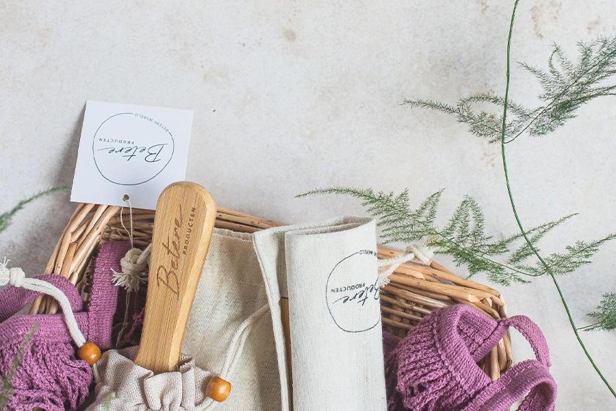 Cloth wrapped beauty products in a basket