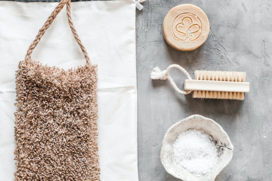 Assorted eco-friendly bath products on a table