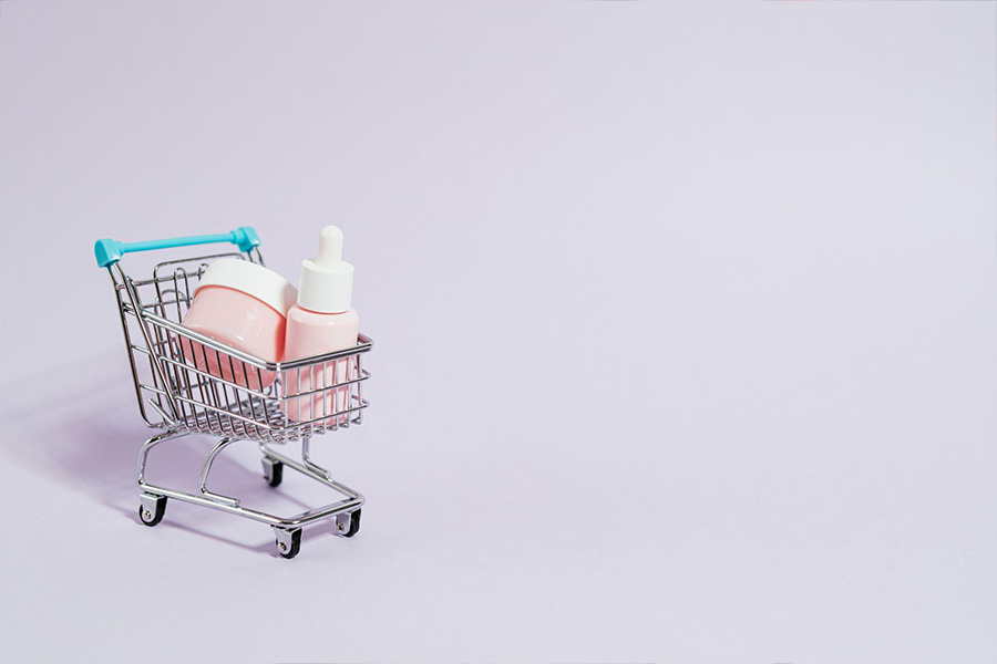 Beauty products in a mini cart