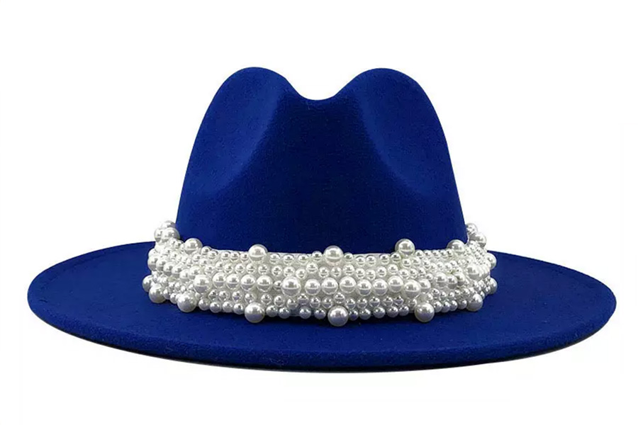 blue felt cowboy hat with pearls around the outside