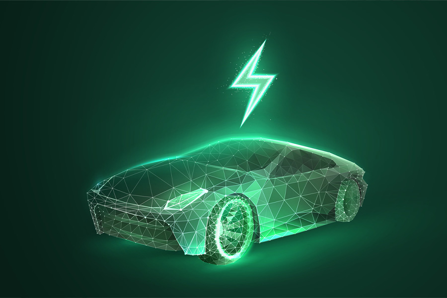 Electric car in digital futuristic style. Eco green energy for vehicles with light effect