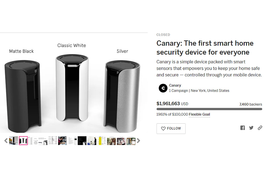 Ein Bild von Canarys Smart Home Security-Seite auf Indiegogo