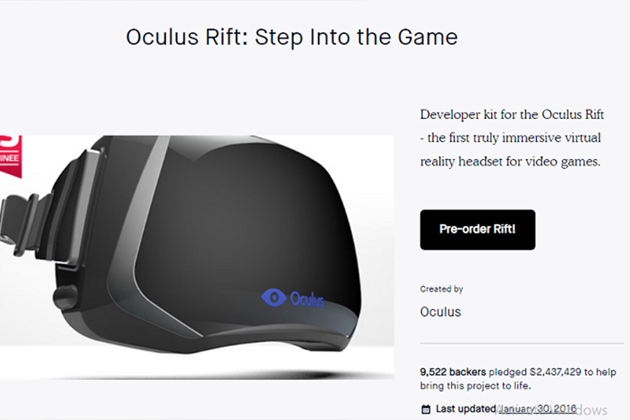 Ein Bild der Seite von Oculus Rift auf Kickstarter