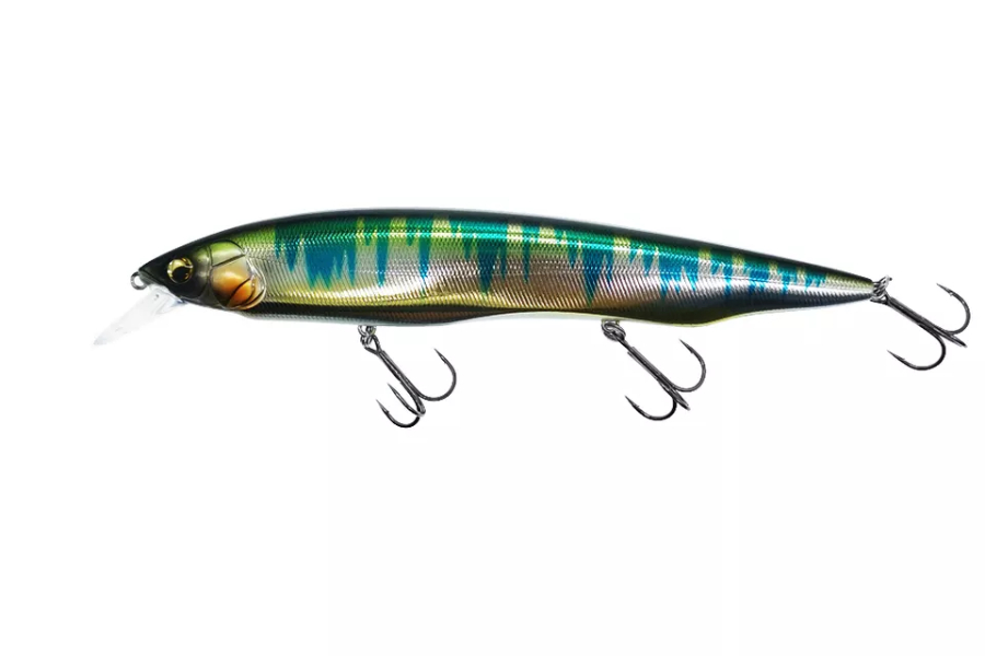 A colorful minnow fishing lure with 3D eyes and hooks