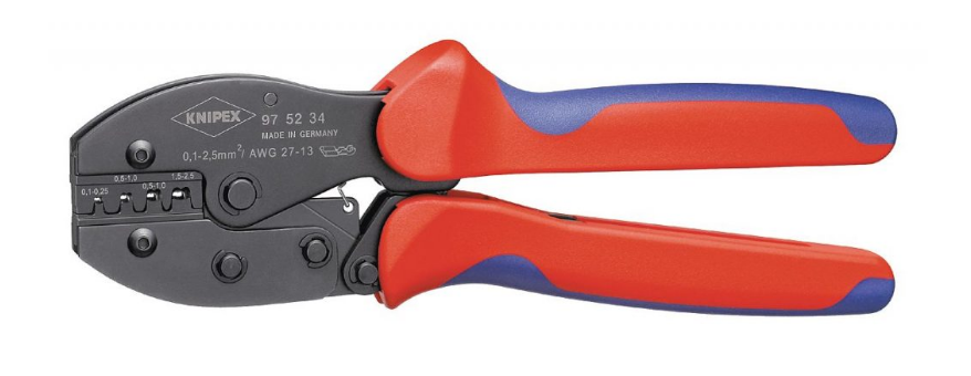 A wire crimper with red and blue-colored handle