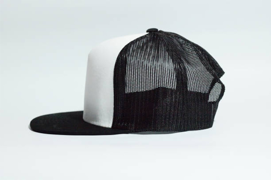 Black and white flat visor trucker cap