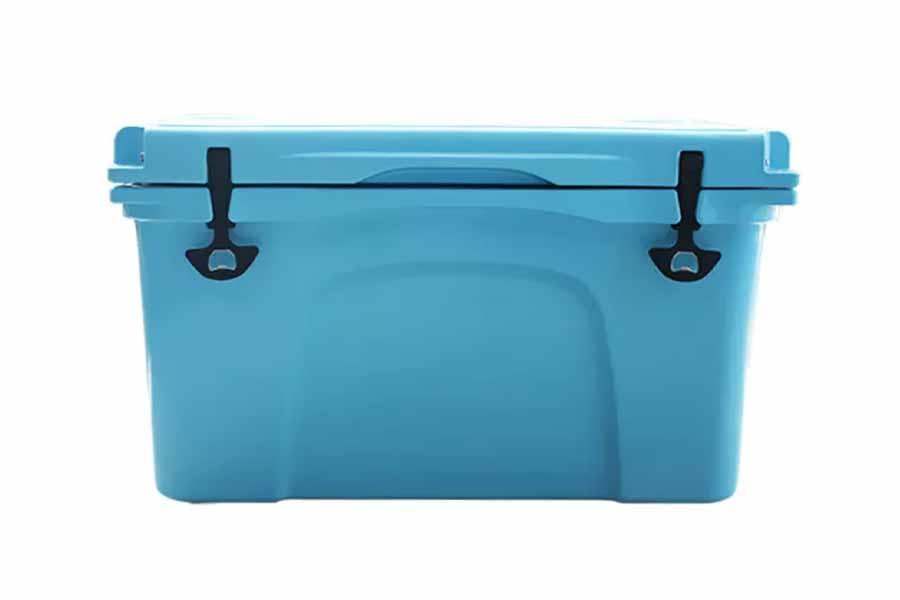 Bright blue rotomolded cooler box with black locking latches