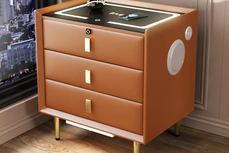 Brown smart nightstand with phone charging feature on top