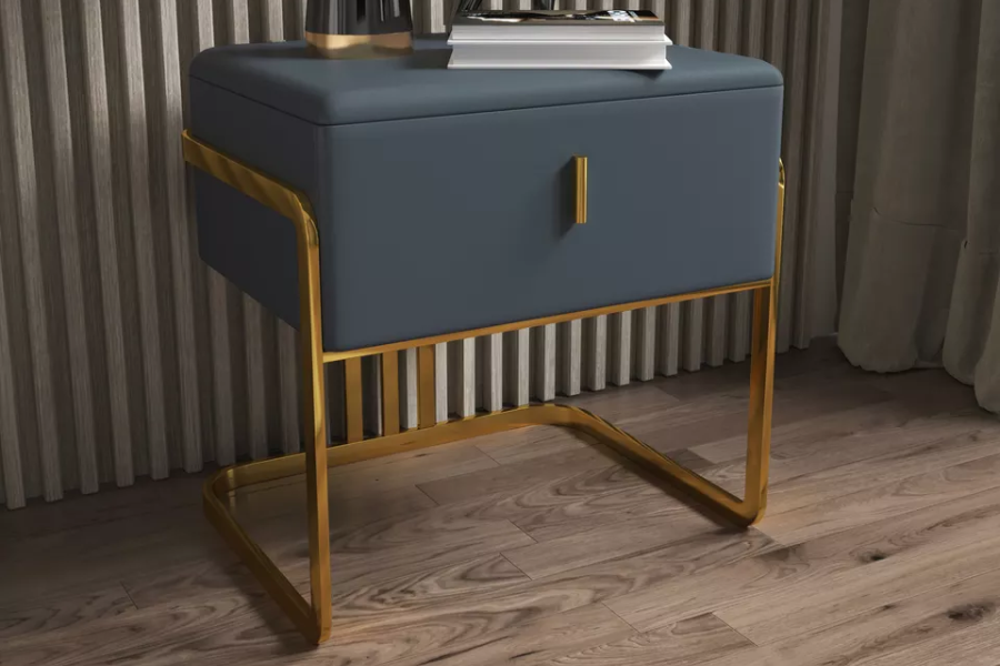 Dark blue leather nightstand with gold legs and handle