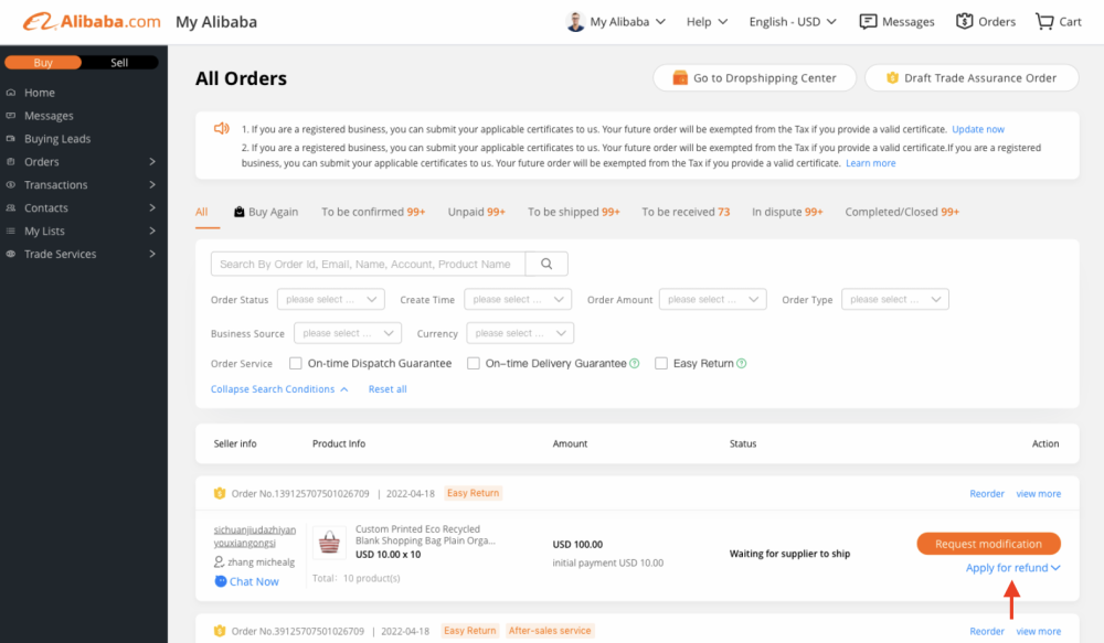 How to apply for refund on Alibaba.com