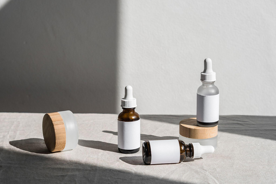 Sustainable makeup bottles on a table